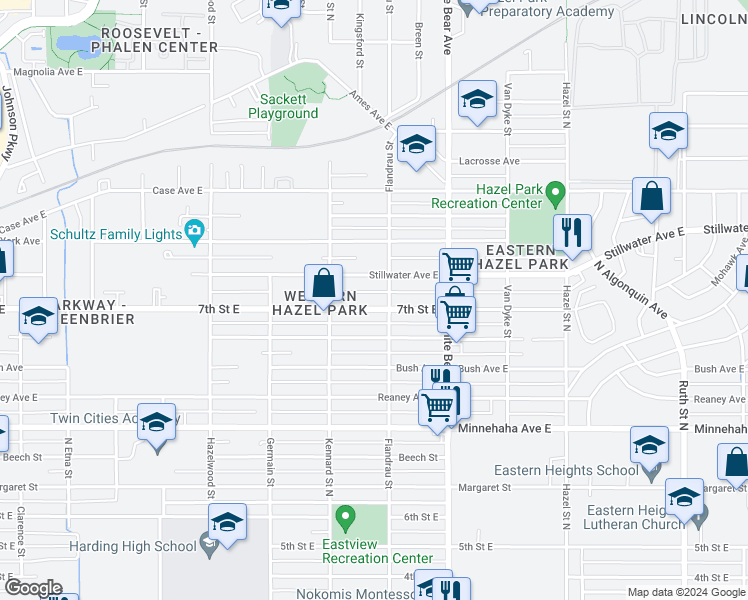 map of restaurants, bars, coffee shops, grocery stores, and more near 1705 7th Street East in Saint Paul