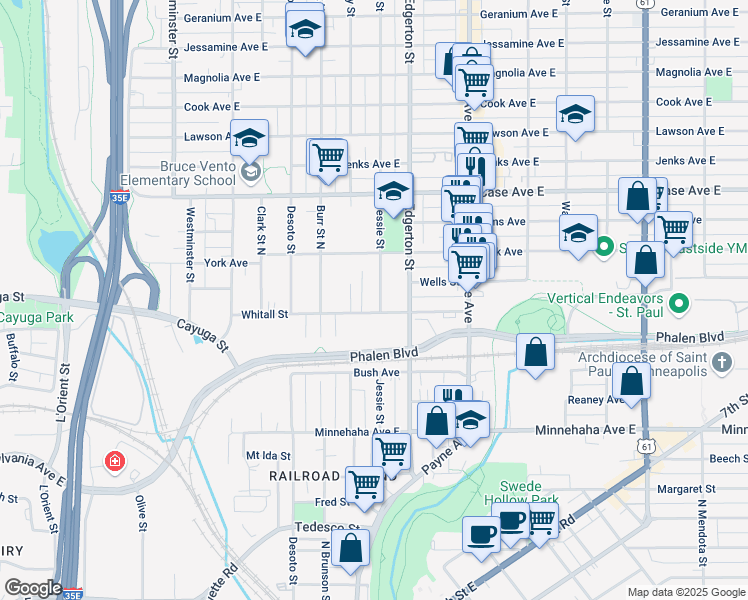map of restaurants, bars, coffee shops, grocery stores, and more near 853 Jessie Street in Saint Paul