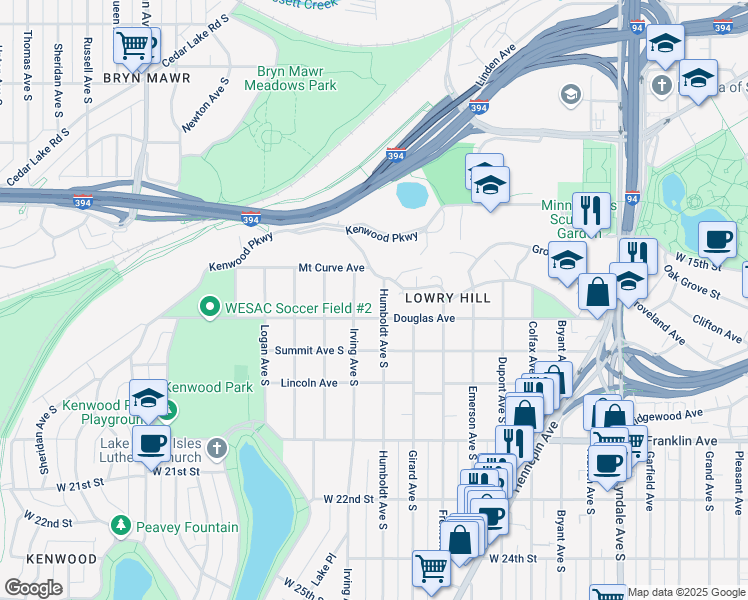 map of restaurants, bars, coffee shops, grocery stores, and more near 1716 Humboldt Avenue South in Minneapolis