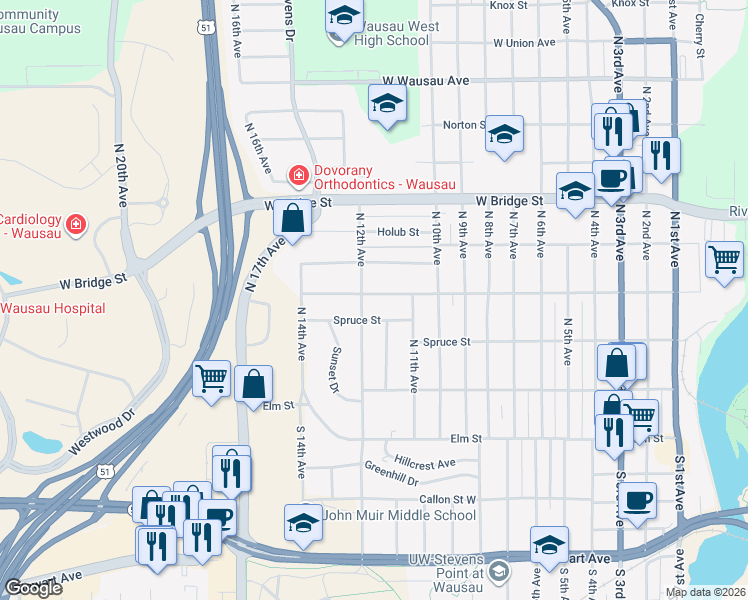 map of restaurants, bars, coffee shops, grocery stores, and more near 330 North 12th Avenue in Wausau