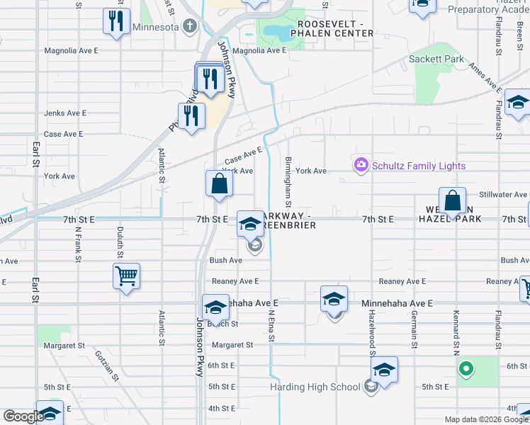 map of restaurants, bars, coffee shops, grocery stores, and more near 1371 7th Street East in Saint Paul