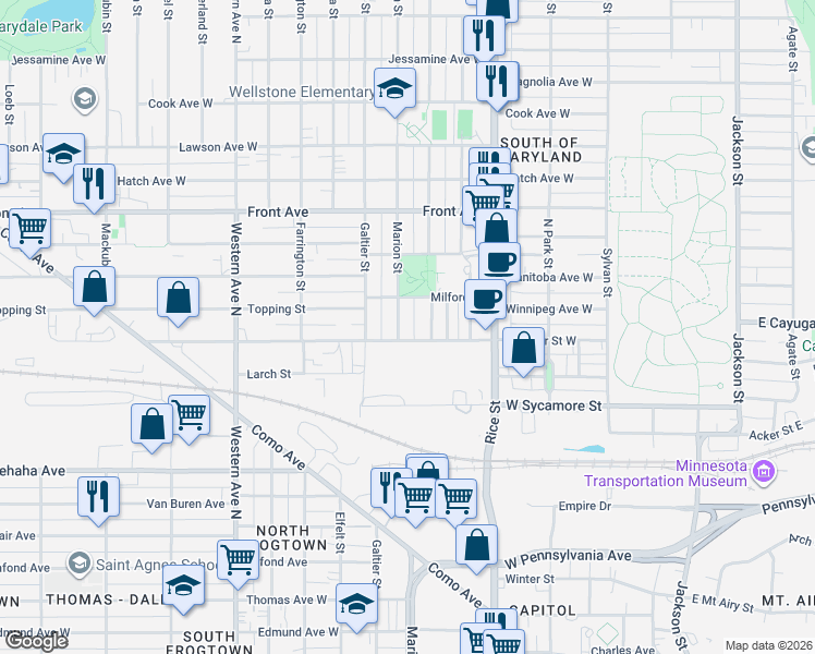 map of restaurants, bars, coffee shops, grocery stores, and more near 852 Marion Street in Saint Paul