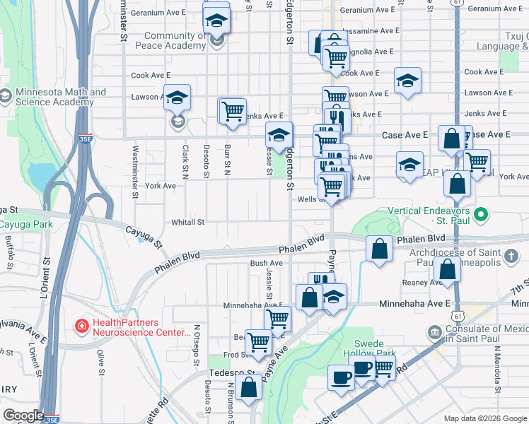 map of restaurants, bars, coffee shops, grocery stores, and more near 853 Jessie Street in Saint Paul