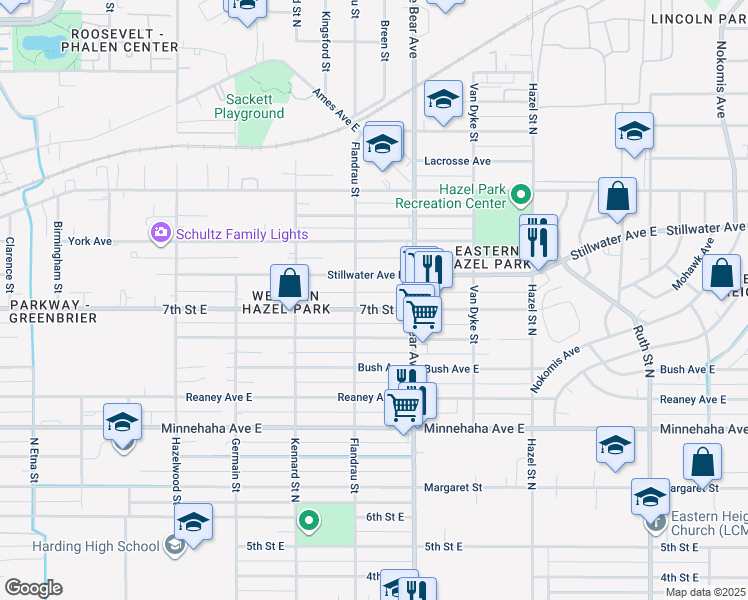 map of restaurants, bars, coffee shops, grocery stores, and more near 1735 7th Street East in Saint Paul