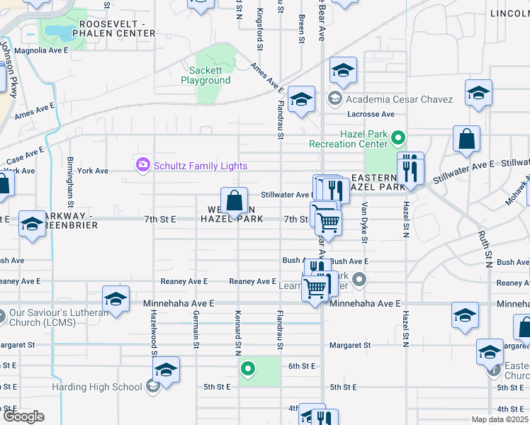 map of restaurants, bars, coffee shops, grocery stores, and more near 1705 7th Street East in Saint Paul