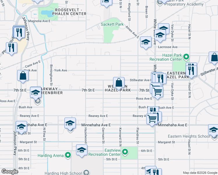 map of restaurants, bars, coffee shops, grocery stores, and more near 1629 7th Street East in Saint Paul