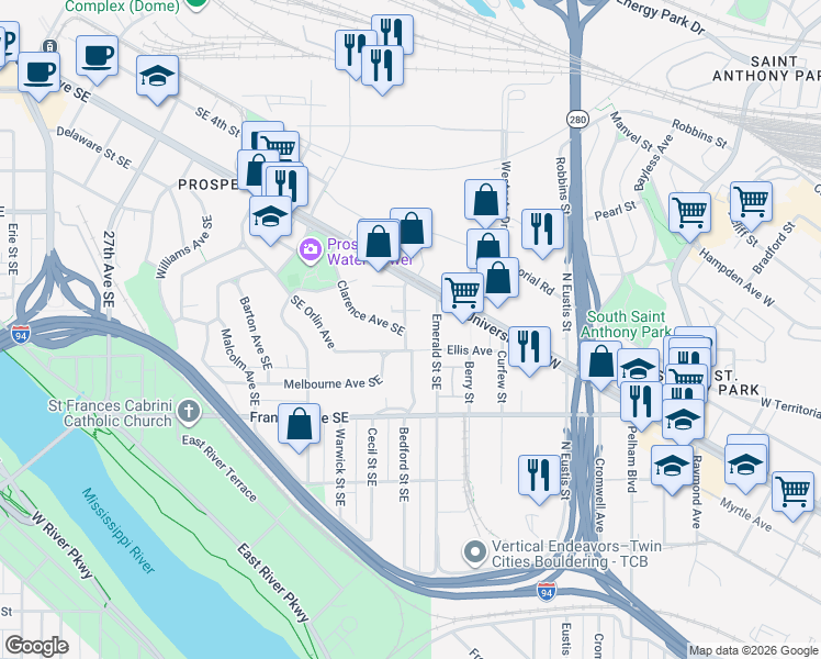 map of restaurants, bars, coffee shops, grocery stores, and more near 75 Southeast Bedford Street in Minneapolis
