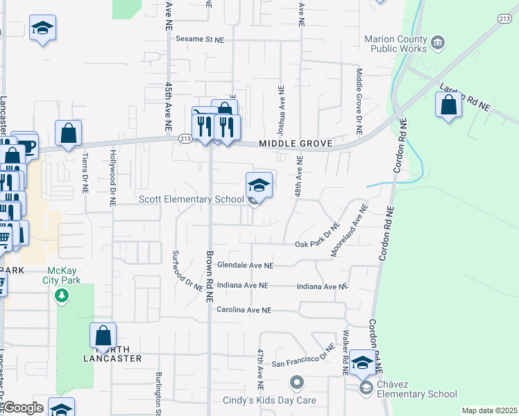 map of restaurants, bars, coffee shops, grocery stores, and more near 4700 Arizona Avenue Northeast in Salem