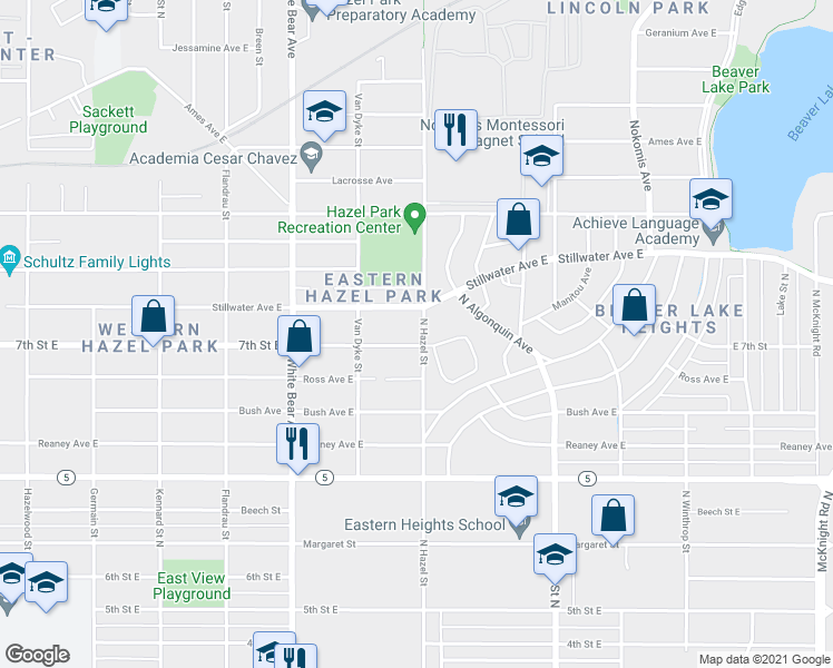 map of restaurants, bars, coffee shops, grocery stores, and more near 1879 7th Street East in Saint Paul