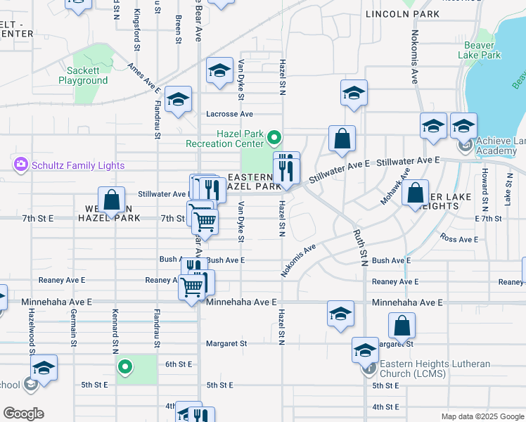 map of restaurants, bars, coffee shops, grocery stores, and more near 1879 7th Street East in Saint Paul