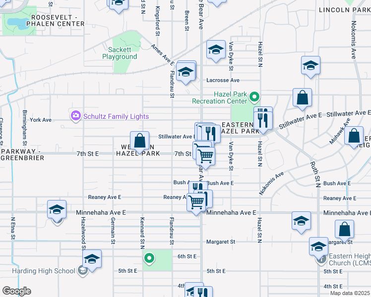map of restaurants, bars, coffee shops, grocery stores, and more near 1735 7th Street East in Saint Paul