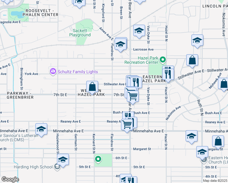 map of restaurants, bars, coffee shops, grocery stores, and more near 1735 7th Street East in Saint Paul