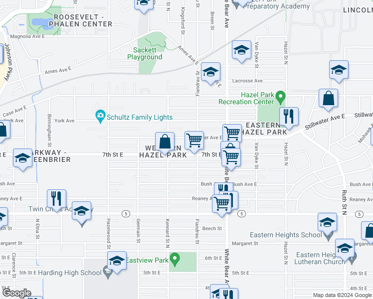 map of restaurants, bars, coffee shops, grocery stores, and more near 1705 7th Street East in Saint Paul