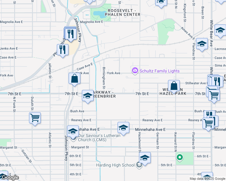 map of restaurants, bars, coffee shops, grocery stores, and more near 1453 7th Street East in Saint Paul