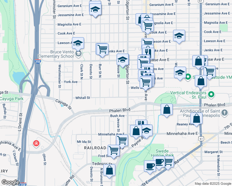 map of restaurants, bars, coffee shops, grocery stores, and more near 853 Jessie Street in Saint Paul