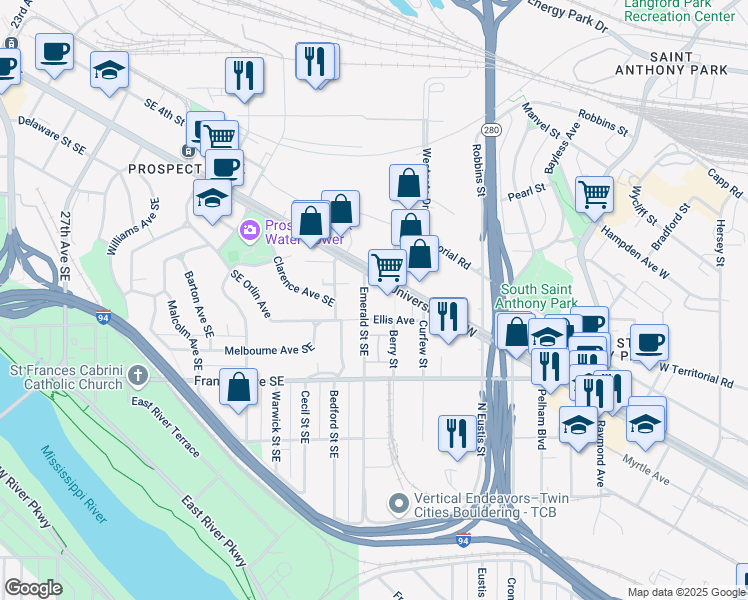 map of restaurants, bars, coffee shops, grocery stores, and more near 2650 University Avenue West in Saint Paul