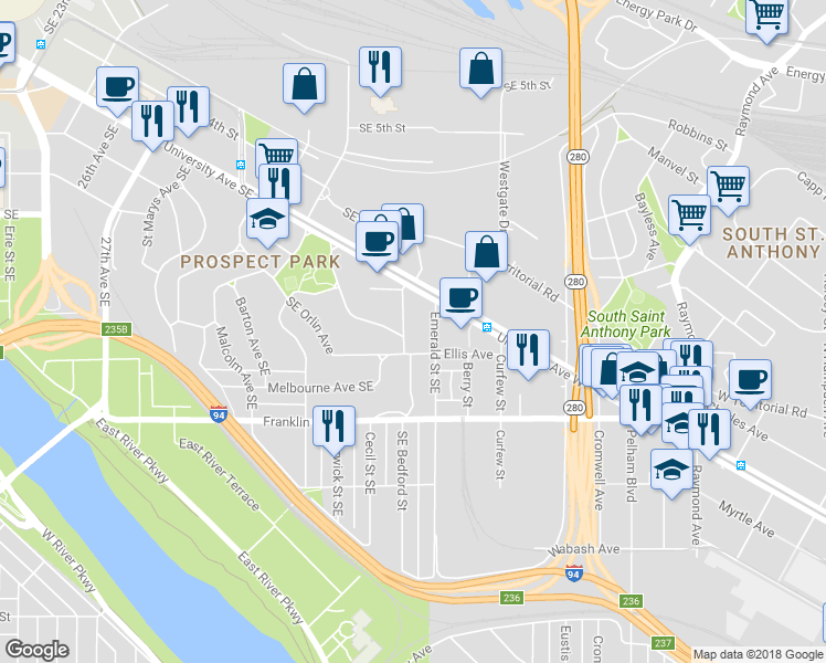 map of restaurants, bars, coffee shops, grocery stores, and more near 75 Southeast Bedford Street in Minneapolis