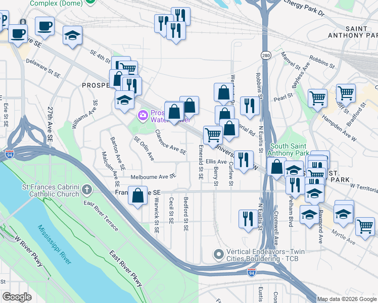map of restaurants, bars, coffee shops, grocery stores, and more near 75 Bedford Street Southeast in Minneapolis
