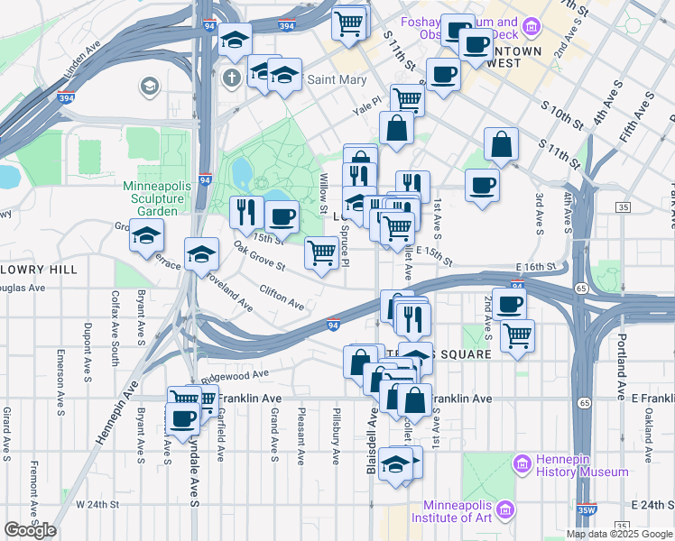 map of restaurants, bars, coffee shops, grocery stores, and more near 1519 Spruce Place in Minneapolis