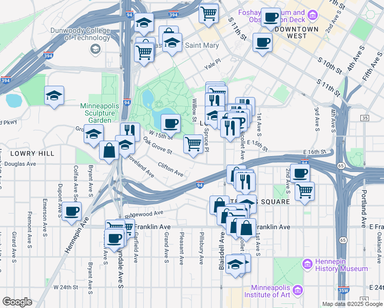 map of restaurants, bars, coffee shops, grocery stores, and more near 230 Oak Grove Street in Minneapolis