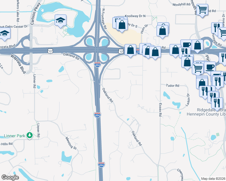 map of restaurants, bars, coffee shops, grocery stores, and more near 1717 Oakland Road in Hopkins
