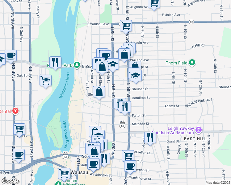 map of restaurants, bars, coffee shops, grocery stores, and more near 1209 North 5th Street in Wausau