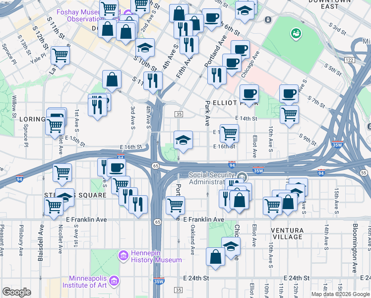 map of restaurants, bars, coffee shops, grocery stores, and more near 611 East 16th Street in Minneapolis