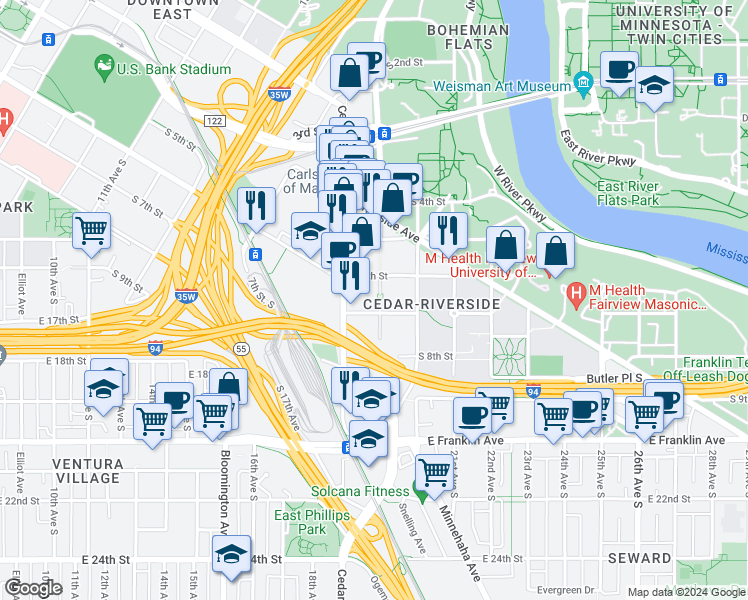 map of restaurants, bars, coffee shops, grocery stores, and more near 620 19th Avenue South in Minneapolis