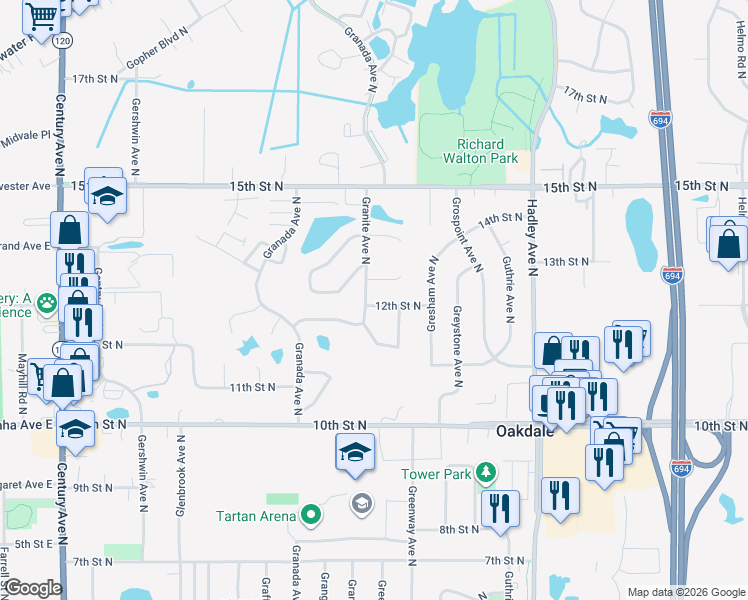 map of restaurants, bars, coffee shops, grocery stores, and more near 1213 Granite Avenue North in Oakdale