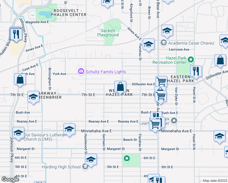 map of restaurants, bars, coffee shops, grocery stores, and more near 1629 7th Street East in Saint Paul