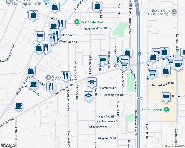 map of restaurants, bars, coffee shops, grocery stores, and more near 3225 Williams Avenue Northeast in Salem