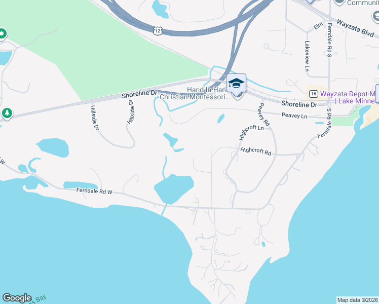 map of restaurants, bars, coffee shops, grocery stores, and more near 425 Ferndale Woods Road in Wayzata