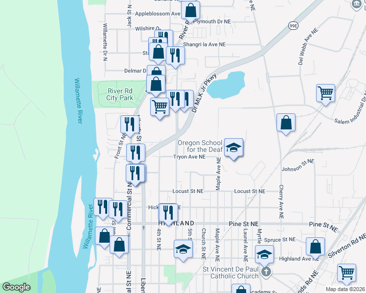 map of restaurants, bars, coffee shops, grocery stores, and more near 2710 Broadway Street in Salem