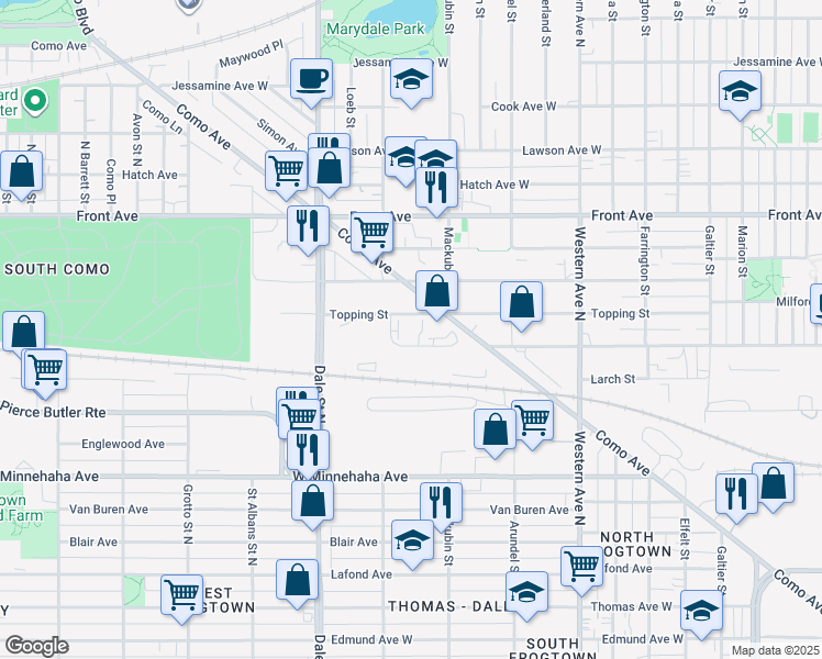 map of restaurants, bars, coffee shops, grocery stores, and more near 545 Atwater Circle in Saint Paul