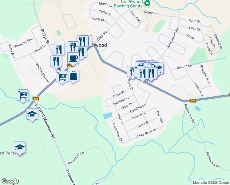 map of restaurants, bars, coffee shops, grocery stores, and more near 974 Aurora Crescent in Greenwood