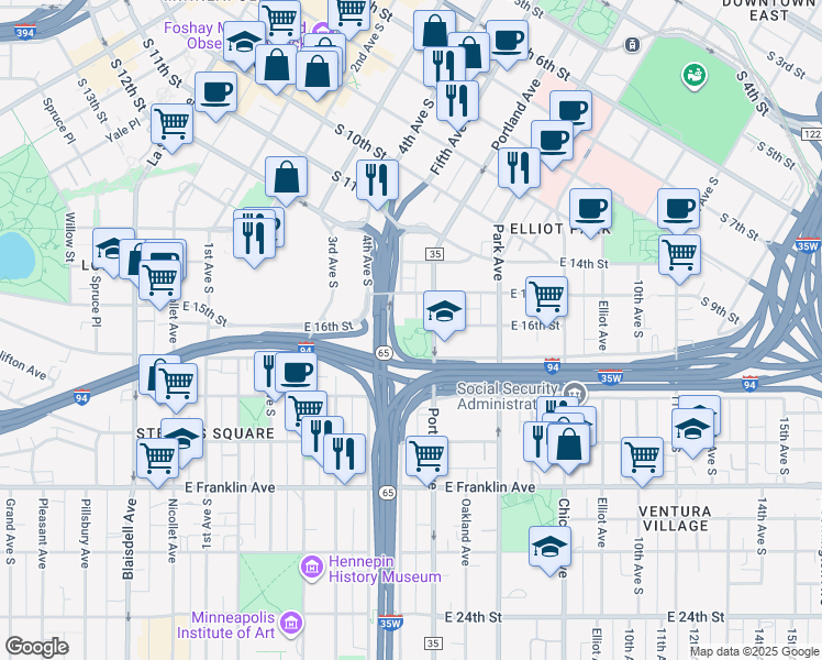 map of restaurants, bars, coffee shops, grocery stores, and more near 1600 Portland Avenue South in Minneapolis