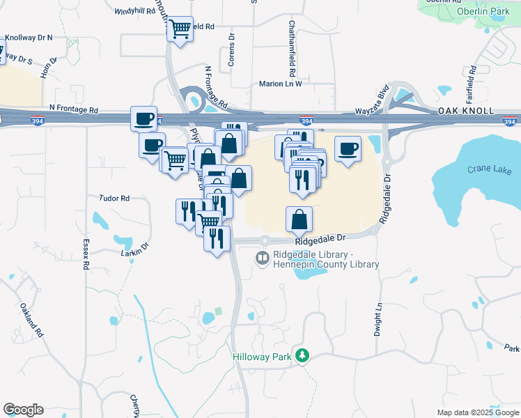 map of restaurants, bars, coffee shops, grocery stores, and more near 12425 Wayzata Boulevard in Minnetonka
