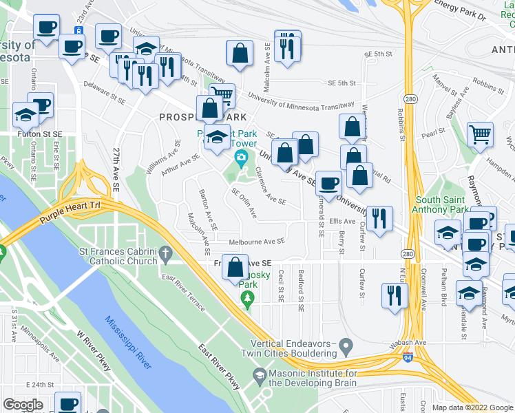 map of restaurants, bars, coffee shops, grocery stores, and more near 97 Southeast Orlin Avenue in Minneapolis