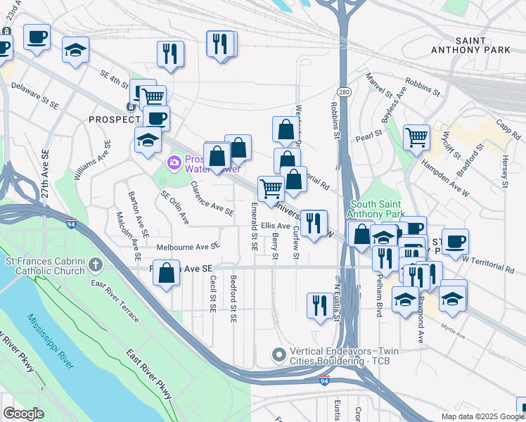 map of restaurants, bars, coffee shops, grocery stores, and more near 2700 University Avenue West in Saint Paul