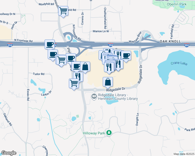 map of restaurants, bars, coffee shops, grocery stores, and more near 12421 Wayzata Boulevard in Hopkins