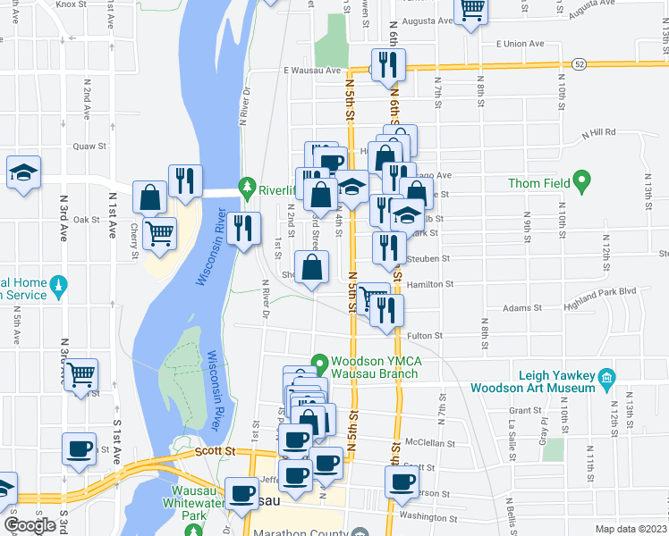 map of restaurants, bars, coffee shops, grocery stores, and more near 1214 North 4th Street in Wausau