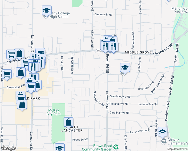 map of restaurants, bars, coffee shops, grocery stores, and more near 3151 Sandal Court Northeast in Salem