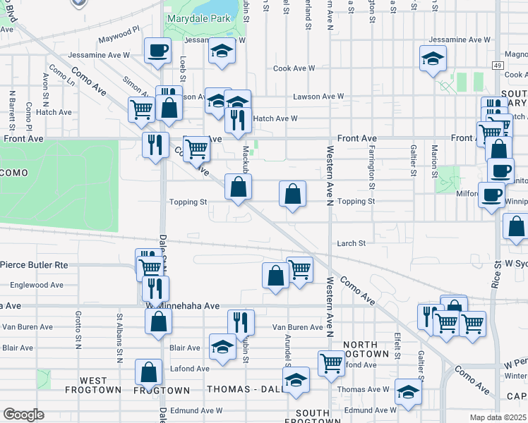 map of restaurants, bars, coffee shops, grocery stores, and more near 463 Como Avenue in Saint Paul
