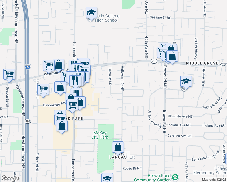 map of restaurants, bars, coffee shops, grocery stores, and more near 4265 Box Berry Avenue Northeast in Salem