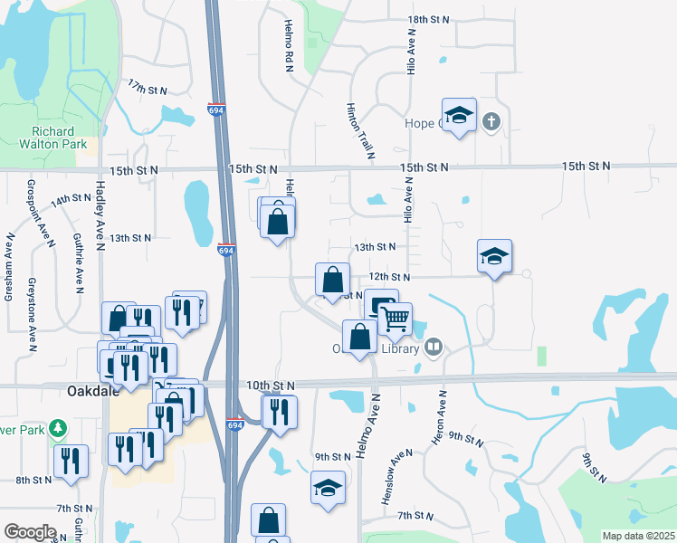 map of restaurants, bars, coffee shops, grocery stores, and more near 7536 12th Street North in Oakdale