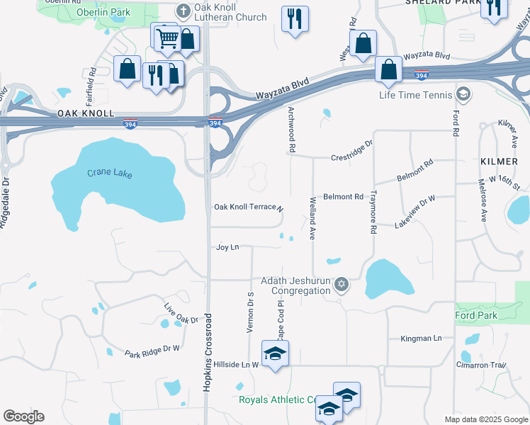 map of restaurants, bars, coffee shops, grocery stores, and more near 10903 Oak Knoll Terrace North in Hopkins