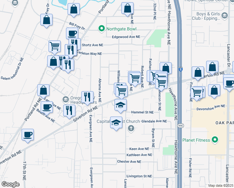 map of restaurants, bars, coffee shops, grocery stores, and more near 3225 Williams Avenue Northeast in Salem