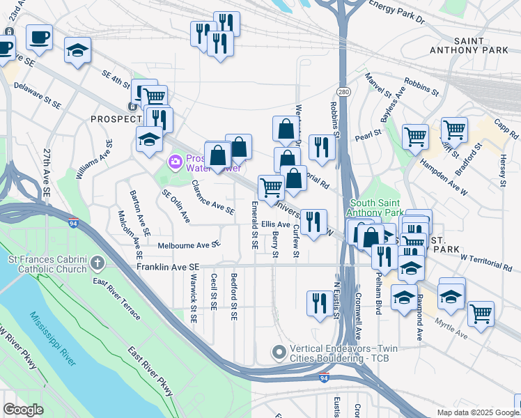 map of restaurants, bars, coffee shops, grocery stores, and more near 2700 University Avenue West in Saint Paul