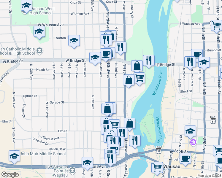 map of restaurants, bars, coffee shops, grocery stores, and more near 326 North 2nd Avenue in Wausau