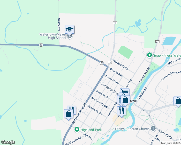 map of restaurants, bars, coffee shops, grocery stores, and more near 205 Jackson Avenue Southwest in Watertown